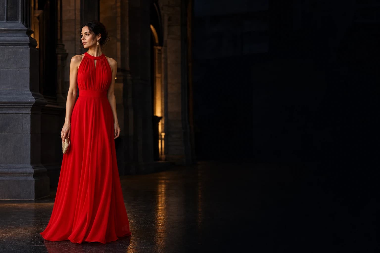 Model wearing a red ZOYA COUTURE evening dress in a grand interior in Gent